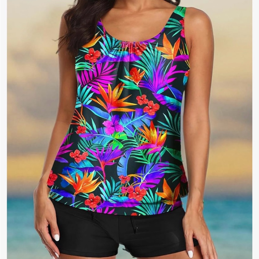 Vibrant Tropical Print Tankini Swimsuit